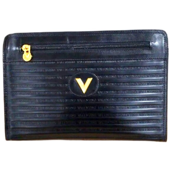 Authentic Mario Valentino Black Leather Printed Clutch Bag Vintage 10.25x7"-inch - Picture 2 of 16